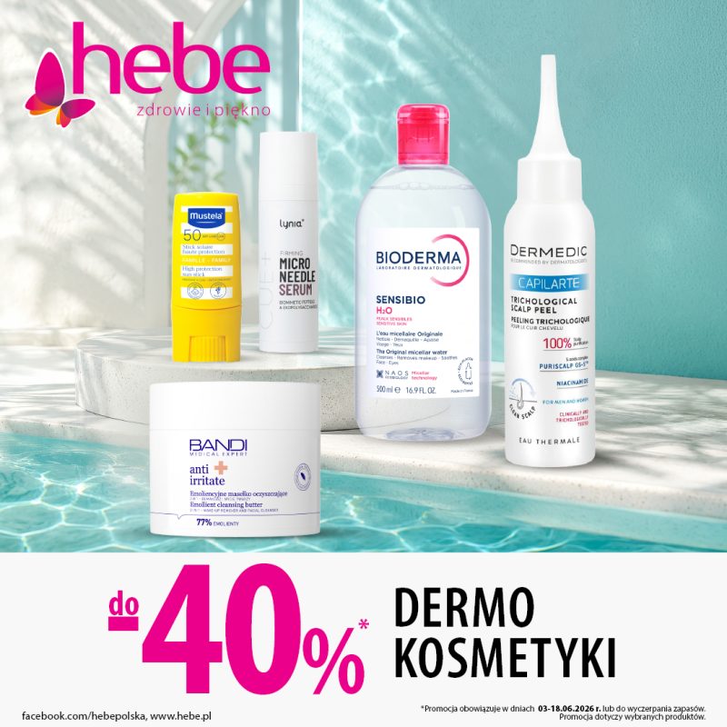 Plakat promocyjny przedstawia produkty do pielęgnacji skóry i włosów w letniej, jasnej aranżacji z motywem czystej wody w tle. Centralnym punktem informacyjnym jest wyeksponowany rabat sięgający czterdziestu procent na wybrany asortyment oraz hasło przewodnie „zdrowie i piękno”.