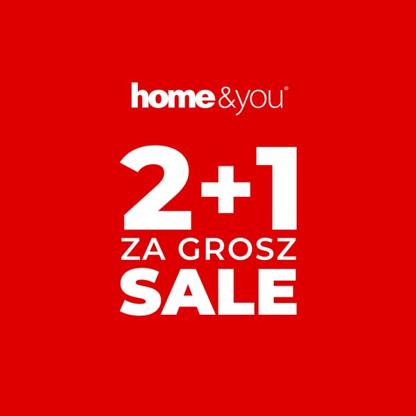 Plakat promocyjny zawiera charakterystyczne logo „home&you” umieszczone nad centralnym komunikatem o tytule „2+1 ZA GROSZ”. Całość kompozycji utrzymana jest w minimalistycznym stylu, bazującym na kontrastowym połączeniu bieli i czerwieni.