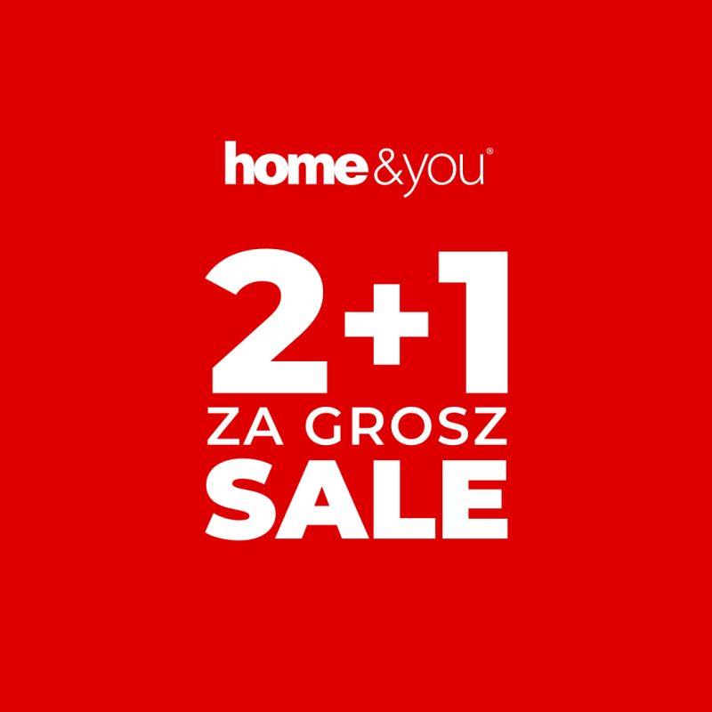 Plakat promocyjny zawiera charakterystyczne logo „home&you” umieszczone nad centralnym komunikatem o tytule „2+1 ZA GROSZ”. Całość kompozycji utrzymana jest w minimalistycznym stylu, bazującym na kontrastowym połączeniu bieli i czerwieni.