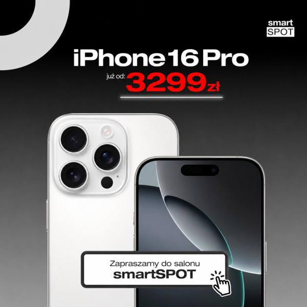 Grafika promocyjna salonu smartSPOT przedstawia smartfon iPhone 16 Pro, ukazując zarówno jego tył z potrójnym aparatem fotograficznym, jak i przedni ekran. W górnej części na ciemnym tle widnieje biały napis z nazwą modelu oraz czerwona cena zaczynająca się od 3299 zł, a na dole znajduje się ramka zapraszająca do odwiedzenia salonu.