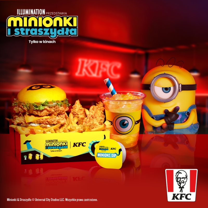 Reklama limitowanej oferty KFC związanej z premierą filmu „Minionki i Straszydła”. Na pierwszym planie pokazano zestaw z burgerem, frytkami, chrupiącym kurczakiem, napojem oraz sosem, obok którego stoi postać Minionka. Całość utrzymana jest w czerwonej kolorystyce z rozmytym wnętrzem restauracji w tle.