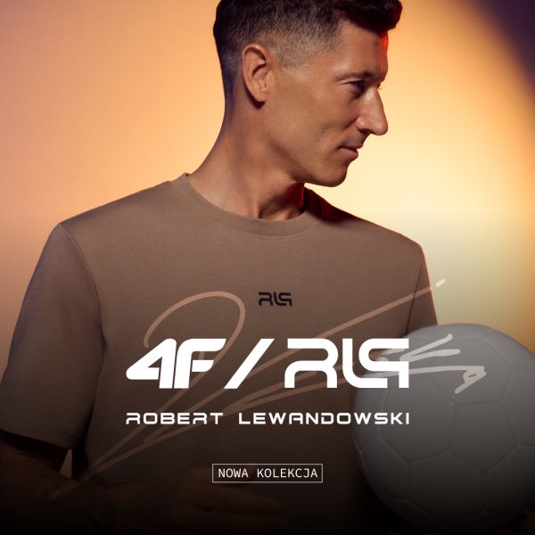 Plakat promocyjny marki 4F przedstawia Roberta Lewandowskiego. W centralnej części grafiki umieszczono duże logo kolekcji „4F × RL9”.