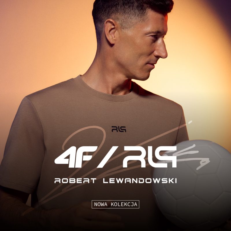 Plakat promocyjny marki 4F przedstawia Roberta Lewandowskiego. W centralnej części grafiki umieszczono duże logo kolekcji „4F × RL9”.