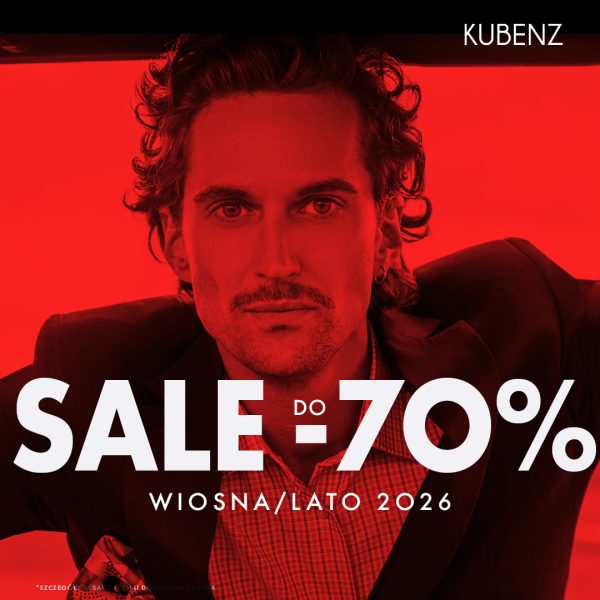 Grafika reklamowa marki Kubenz przedstawia portret mężczyzny z wąsami i lekko pofalowanymi włosami, na który nałożono intensywny, czerwony filtr. Na dole kompozycji umieszczono duże białe napisy informujące o wyprzedaży „SALE DO -70%” oraz dopisek odnoszący się do kolekcji „WIOSNA/LATO 2026”.