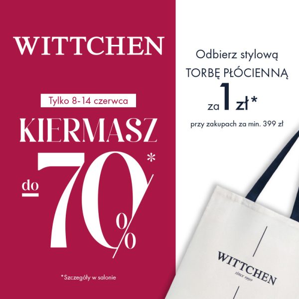 Baner marketingowy zapowiada zniżki sięgające siedemdziesięciu procent na asortyment marki Wittchen w wyznaczonym okresie czerwca. Minimalistyczna kompozycja łączy wyrazistą typografię z podglądem eleganckiej, jasnej torby wielorazowej z ciemnymi uszami.