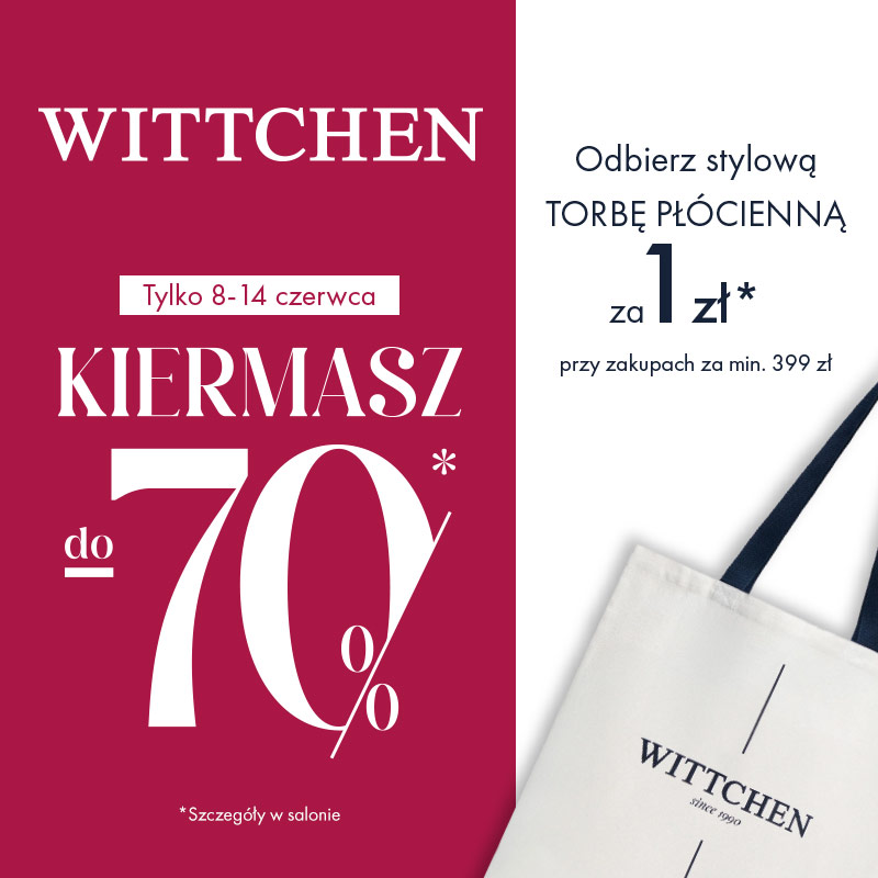 Baner marketingowy zapowiada zniżki sięgające siedemdziesięciu procent na asortyment marki Wittchen w wyznaczonym okresie czerwca. Minimalistyczna kompozycja łączy wyrazistą typografię z podglądem eleganckiej, jasnej torby wielorazowej z ciemnymi uszami.