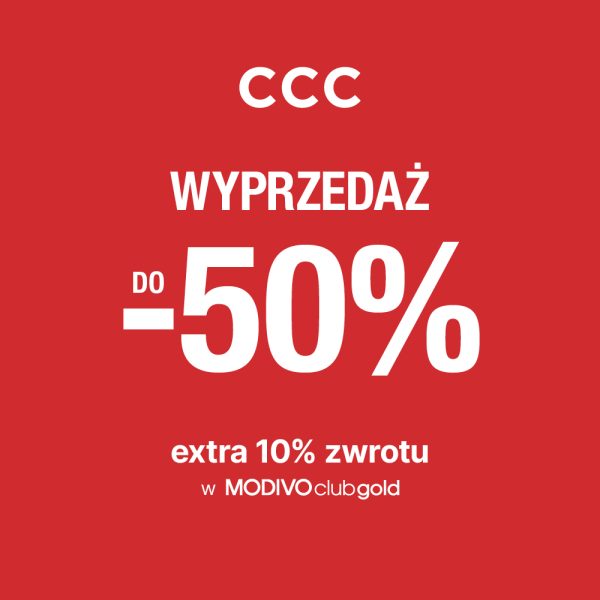 Kwadratowy baner promocyjny letniej wyprzedaży w sklepach CCC informujący o zniżkach do minus pięćdziesięciu procent na buty i dodatki