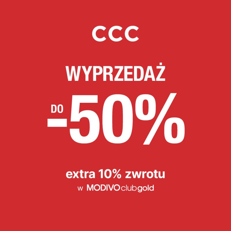 Kwadratowy baner promocyjny letniej wyprzedaży w sklepach CCC informujący o zniżkach do minus pięćdziesięciu procent na buty i dodatki