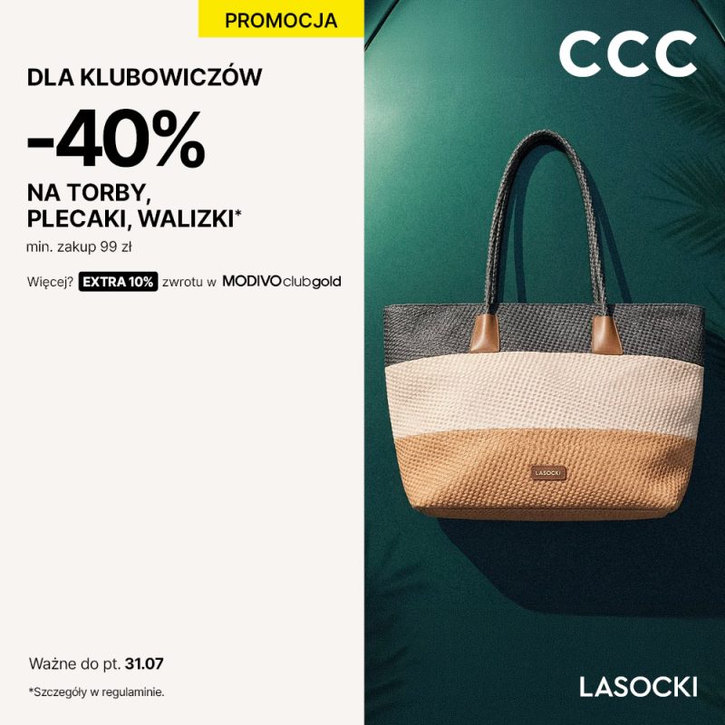 Kwadratowy plakat reklamowy sieci CCC prezentujący wakacyjną galanterię skórzaną i plecioną objętą letnim rabatem czterdzieści procent