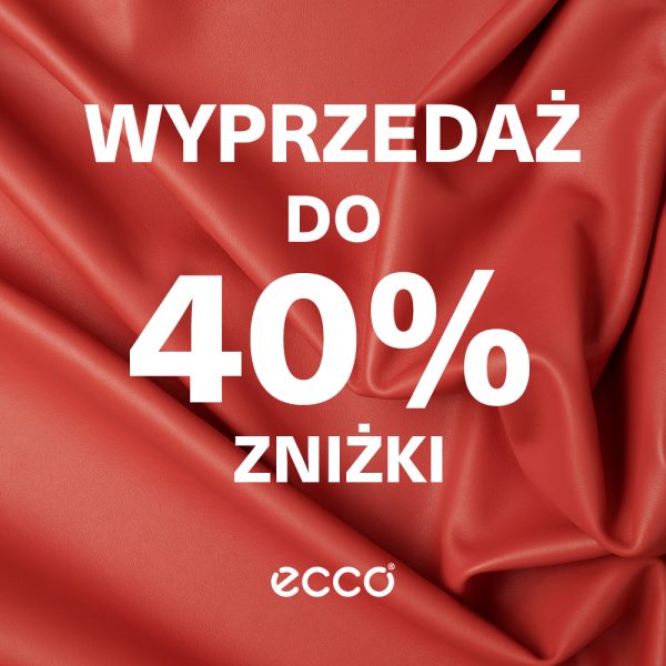 Wizerunkowy plakat marki Ecco skupia uwagę na dużej, białej czcionce obwieszczającej wyprzedaż na czerwonym, skórzanym tle. Estetyczna faktura materiału w tle oraz proste logo na dole tworzą elegancką kompozycję informującą o rabatach.