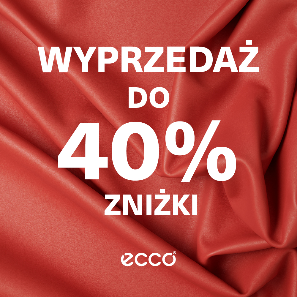 Wizerunkowy plakat marki Ecco skupia uwagę na dużej, białej czcionce obwieszczającej wyprzedaż na czerwonym, skórzanym tle. Estetyczna faktura materiału w tle oraz proste logo na dole tworzą elegancką kompozycję informującą o rabatach.