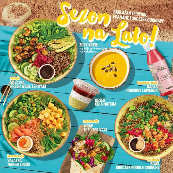 Promocyjna grafika przedstawia różnorodne, wegetariańskie i mięsne dania serwowane w ramach wakacyjnej oferty gastronomicznej. Estetyczna kompozycja potraw z dodatkiem awokado, mango, tofu czy makaronu noodle łączy się z czytelnymi, białymi podpisami poszczególnych pozycji menu.