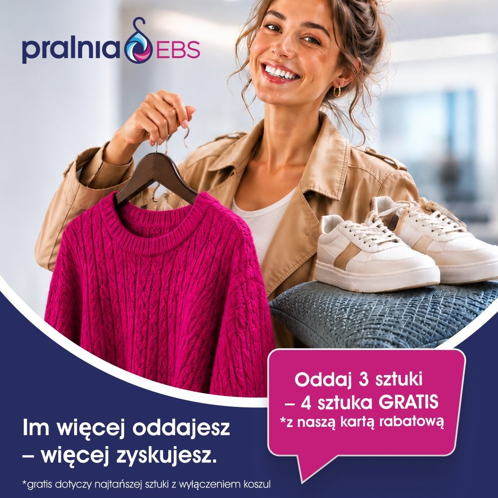 Kwadratowa, fioletowa grafika reklamowa Pralni EBS prezentująca hasło Więcej oddajesz – więcej zyskujesz oraz warunki czerwcowej promocji