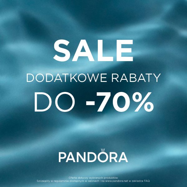 Kwadratowa grafika reklamowa letniej wyprzedaży biżuterii marki Pandora informująca o zniżkach sięgających do minus siedemdziesięciu procent