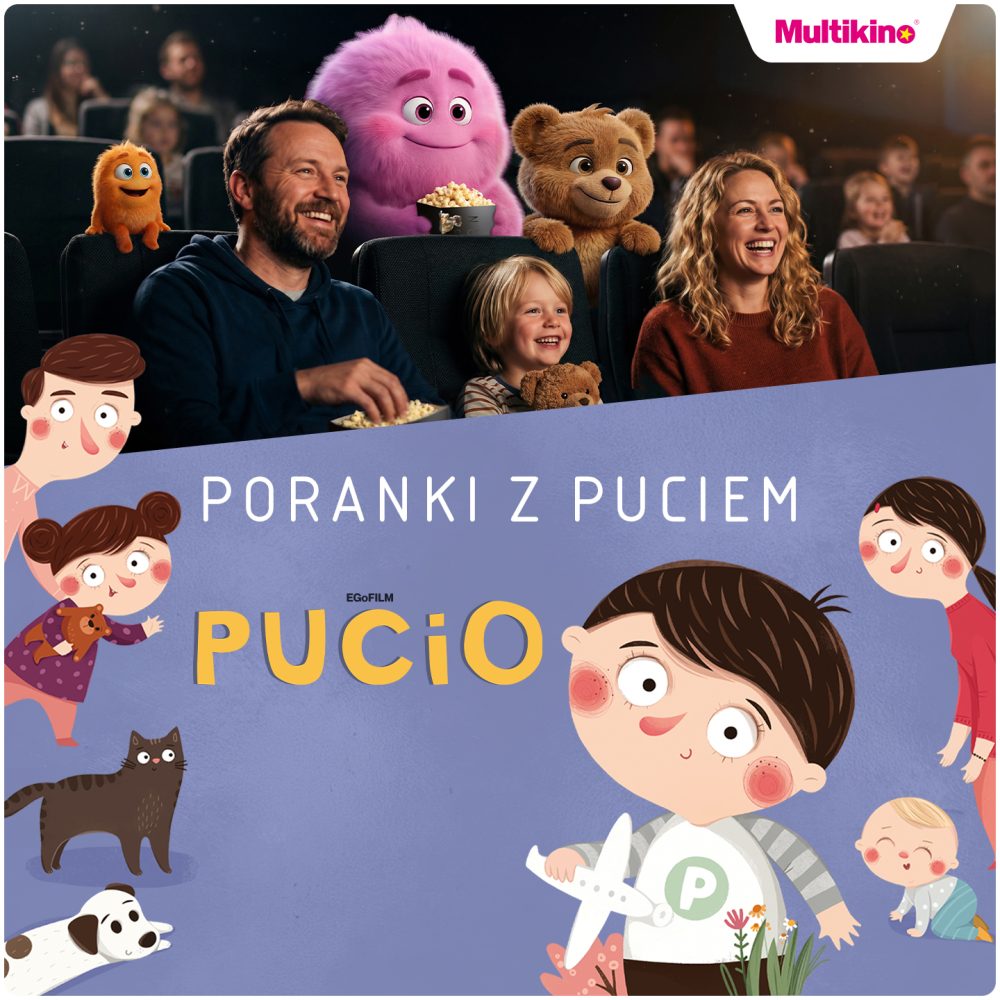 Kwadratowa grafika promocyjna z serii Poranki w Multikinie przedstawiająca bajkowego Pucia zapraszającego dzieci na seanse filmowe