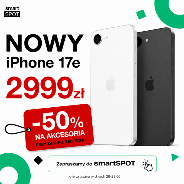 Grafika marki smartSPOT przedstawiająca najnowsze modele iPhone 17e informująca o promocji na te modele.
