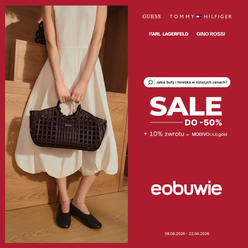 Czerwony plakat promocyjny 1080x1080_pl.jpg z logo eobuwie, napisami SALE do -50% oraz nazwami marek Guess i Tommy Hilfiger w Centrum Galaxy