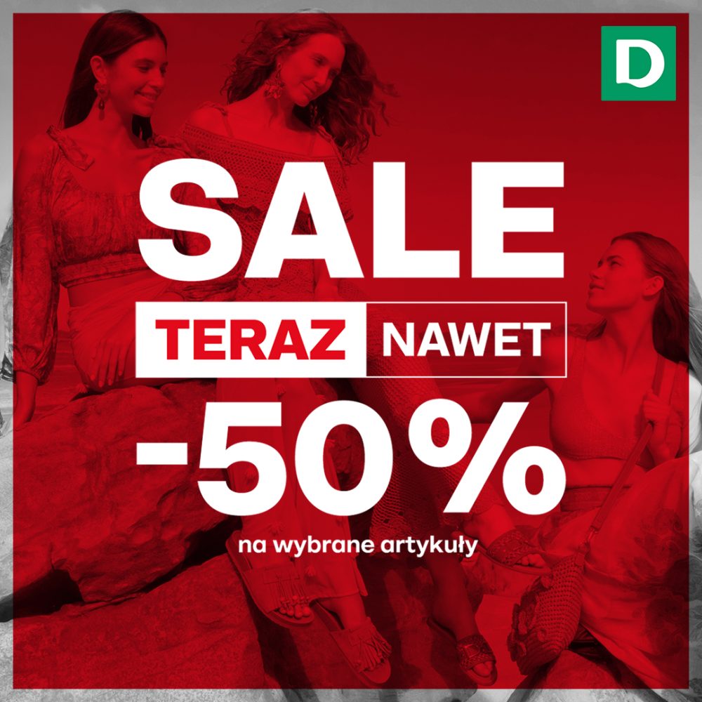 Grafika promocyjna marki Deichmann z informacją o promocji do -50% na wybrane artykuły.