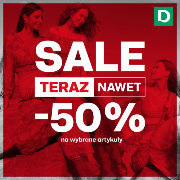 Grafika promocyjna marki Deichmann z informacją o promocji do -50% na wybrane artykuły.
