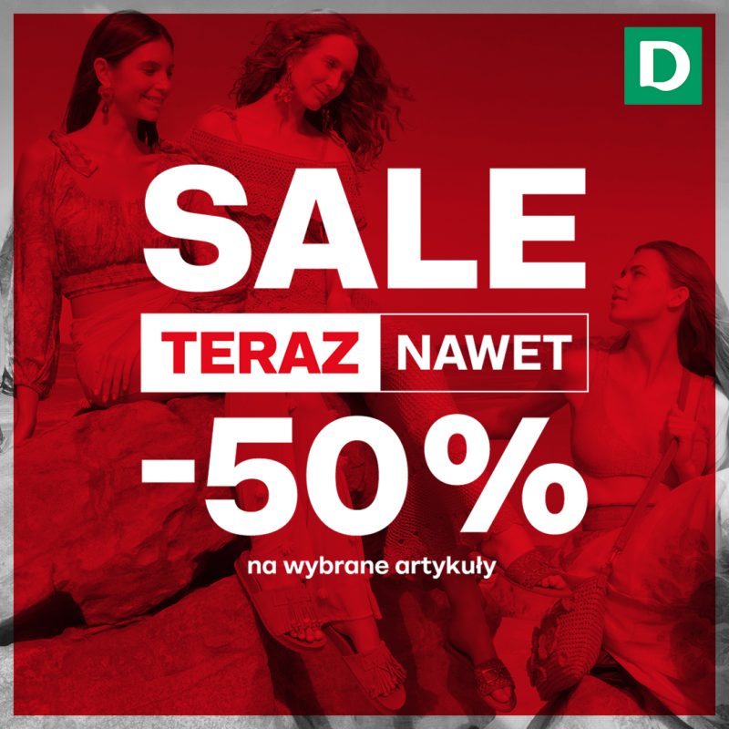Grafika promocyjna marki Deichmann z informacją o promocji do -50% na wybrane artykuły.