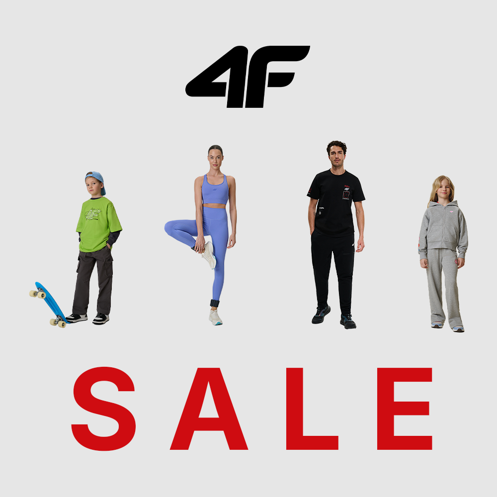 Grafika reklamowa wyprzedaży ukazuje asortyment ubrań sportowych zaprezentowany przez modeli, w tym chłopca z niebieską deskorolką oraz kobietę w fioletowym komplecie fitness. Minimalistyczna kompozycja wyraźnie eksponuje logotyp marki 4F oraz centralne hasło informujące o promocji.
