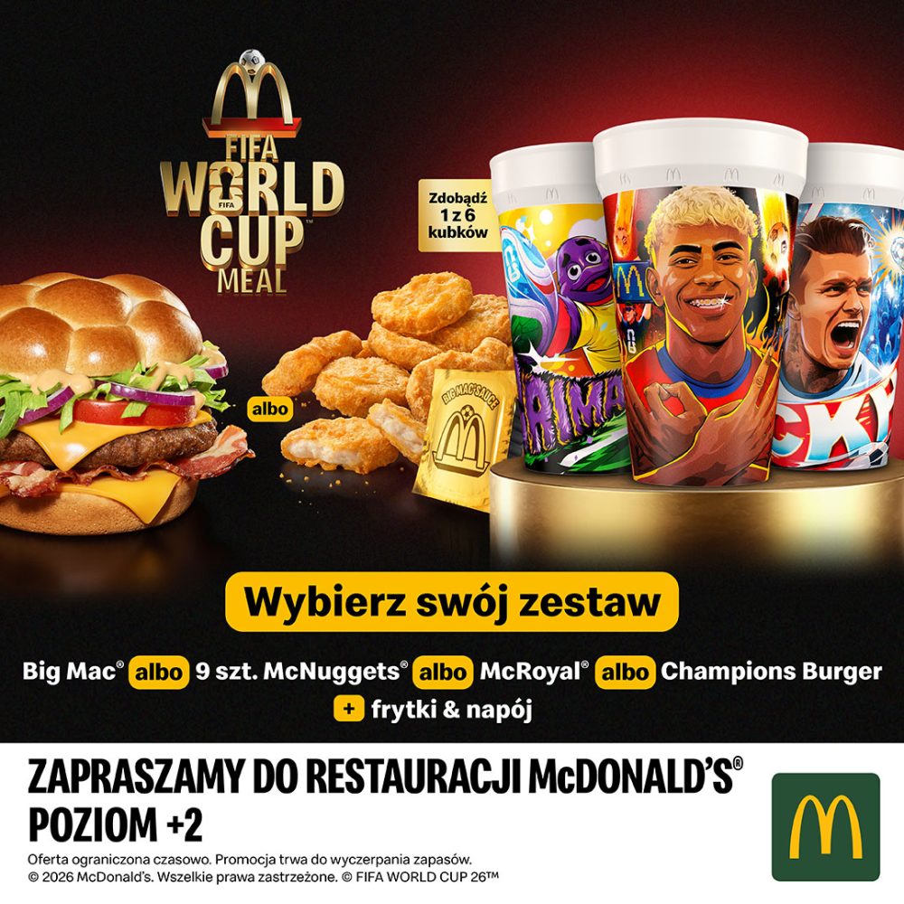 Grafika promocyjna McDonald’s FIFA World Cup Meal przedstawiająca burgera, McNuggets, kolekcjonerskie kubki oraz informację o możliwości wyboru zestawu z frytkami i napojem.
