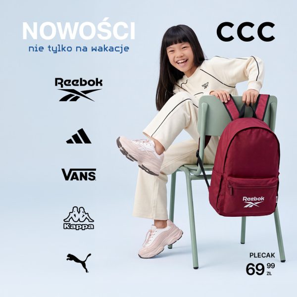 Grafika reklamowa CCC przedstawiająca uśmiechniętą dziewczynkę w sportowym stroju i sneakersach Reebok oraz plecak Reebok w promocyjnej cenie.