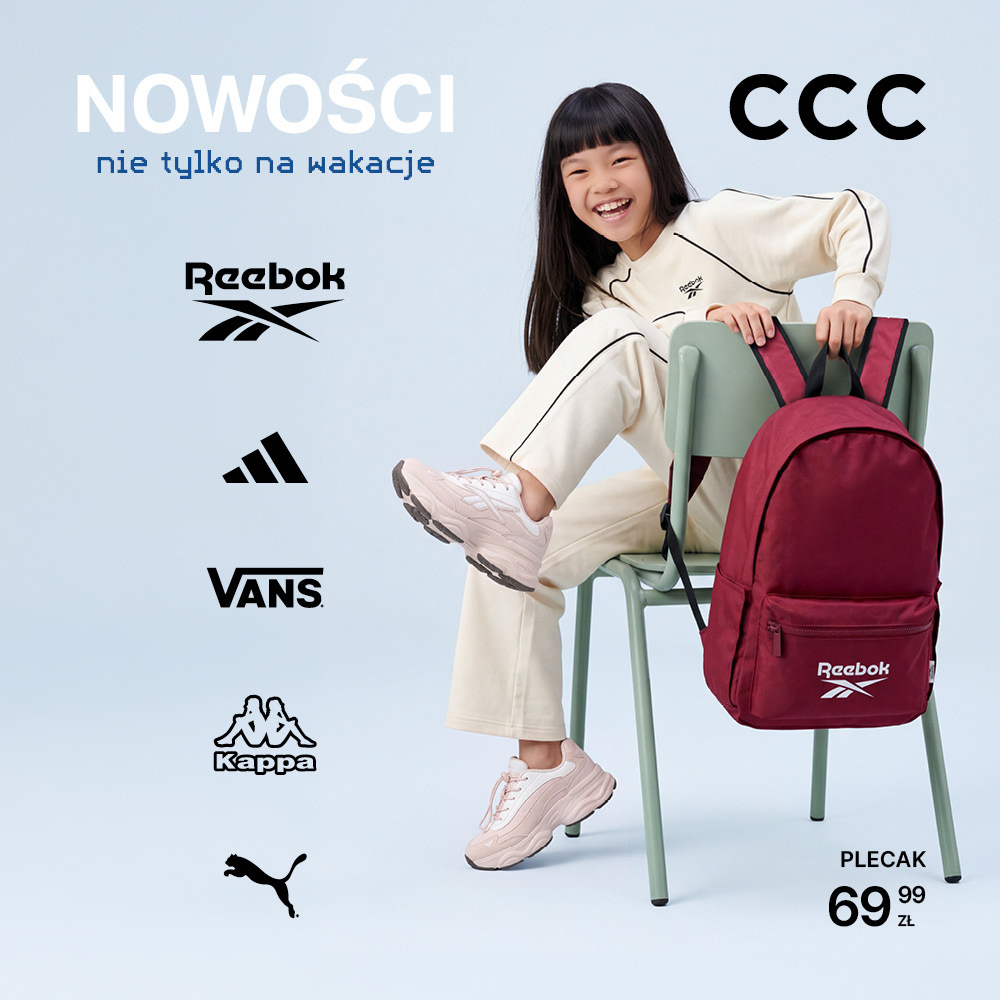 Grafika reklamowa CCC przedstawiająca uśmiechniętą dziewczynkę w sportowym stroju i sneakersach Reebok oraz plecak Reebok w promocyjnej cenie.