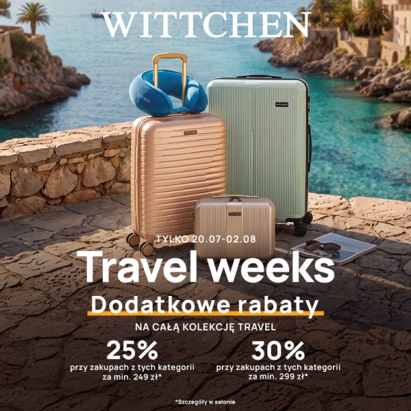 Plakat reklamowy akcji Travel Weeks w salonie Wittchen w Galaxy Centrum. Przedstawia zestaw bagaży i akcesoriów na kamiennym tarasie z widokiem na turkusowe morze: złotą i zieloną walizkę, poduszkę na szyję oraz kosmetyczkę. Na grafice znajdują się napisy: Travel weeks, Dodatkowe rabaty NA CAŁĄ KOLEKCJĘ TRAVEL oraz progi rabatowe: 25% przy zakupach za min. 249 zł i 30% przy zakupach za min. 299 zł. Górną część zdobi logo WITTCHEN.