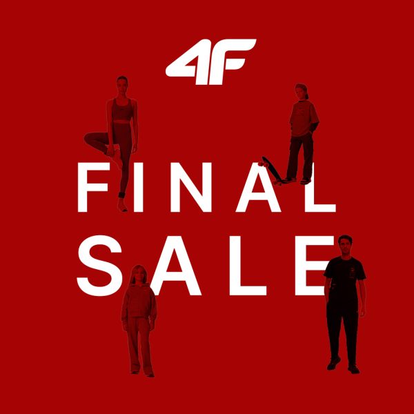 Plakat promocyjny wyprzedaży marki 4F na intensywnie czerwonym tle. U góry widnieje białe logo 4F, a na środku duży napis FINAL SALE z wkomponowanymi sylwetkami modeli – kobiety w stroju do jogi, chłopca na deskorolce, dziewczynki w dresie oraz mężczyzny w sportowym stroju.