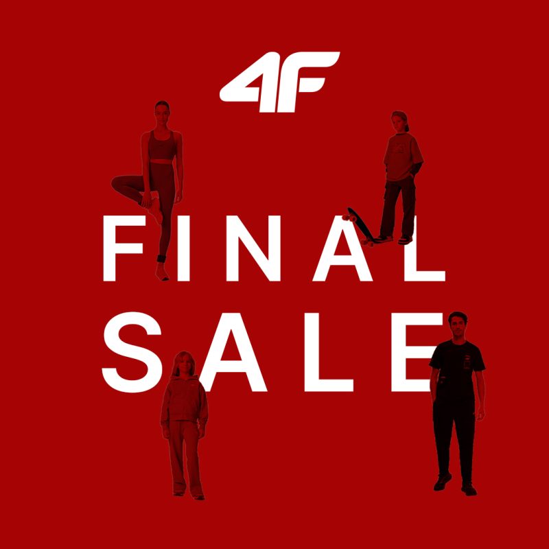 Plakat promocyjny wyprzedaży marki 4F na intensywnie czerwonym tle. U góry widnieje białe logo 4F, a na środku duży napis FINAL SALE z wkomponowanymi sylwetkami modeli – kobiety w stroju do jogi, chłopca na deskorolce, dziewczynki w dresie oraz mężczyzny w sportowym stroju.