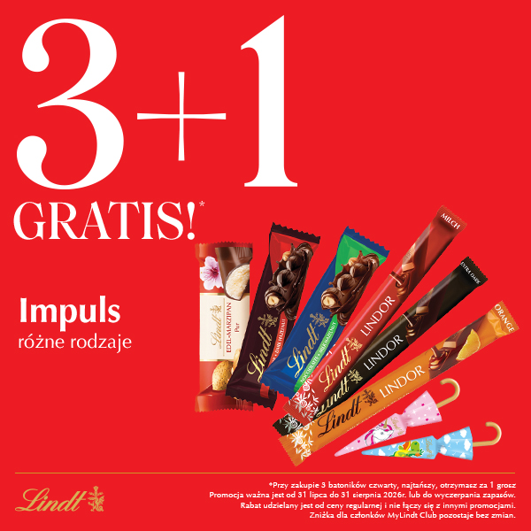 Plakat promocyjny marki Lindt. Na czerwonym tle umieszczono duży biały napis 3+1 GRATIS!, pod nim słowo Impuls różne rodzaje oraz wizualizację kolorowych batonów czekoladowych i małych parasolek czekoladowych. U dołu widnieje złote logo Lindt oraz drobnym drukiem warunki promocji.