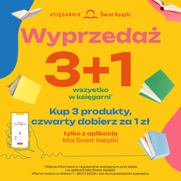 Żółty plakat promocyjny Księgarni Świat Książki w Galaxy Szczecin z napisem Wyprzedaż 3+1 wszystko w księgarni, Kup 3 produkty, czwarty dobierz za 1 zł tylko z aplikacją Mój Świat Książki.