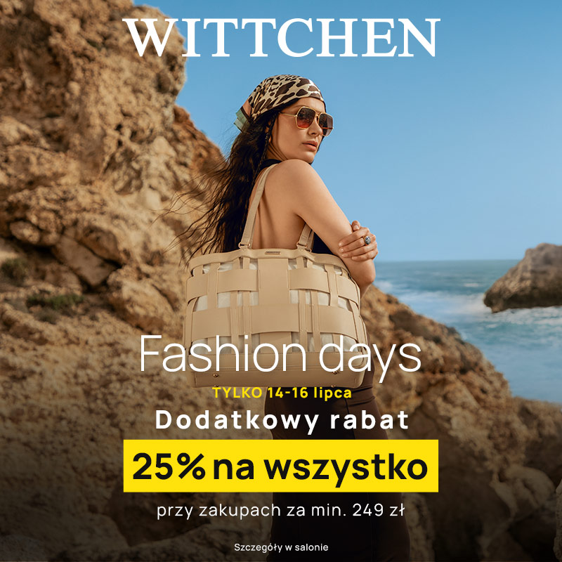Plakat promocyjny Wittchen w Galaxy Szczecin z napisem Fashion Days tylko 14-16 lipca dodatkowy rabat 25% na wszystko, przedstawiający kobietę z elegancką torebką na tle skalistego wybrzeża i morza.
