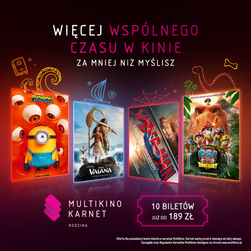 Plakat promocyjny Multikina w Galaxy Szczecin z napisem Więcej wspólnego czasu w kinie za mniej niż myślisz, prezentujący ofertę Karnet Rodzina z 10 biletami od 189 zł oraz grafikami z filmów animowanych.