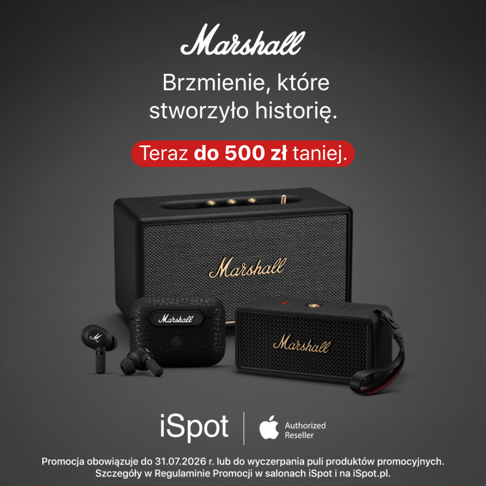 Grafika reklamowa sklepu iSpot informuje o promocji na produkty marki Marshall pod hasłem „Brzmienie, które stworzyło historię. Teraz do 500 zł taniej”. Na ciemnoszarym tle zaprezentowano elegancki czarny głośnik stacjonarny, mniejszy głośnik przenośny oraz bezprzewodowe słuchawki douszne wraz z etui ładującym