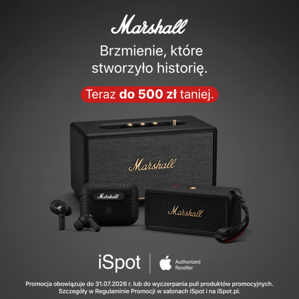 Grafika reklamowa sklepu iSpot informuje o promocji na produkty marki Marshall pod hasłem „Brzmienie, które stworzyło historię. Teraz do 500 zł taniej”. Na ciemnoszarym tle zaprezentowano elegancki czarny głośnik stacjonarny, mniejszy głośnik przenośny oraz bezprzewodowe słuchawki douszne wraz z etui ładującym