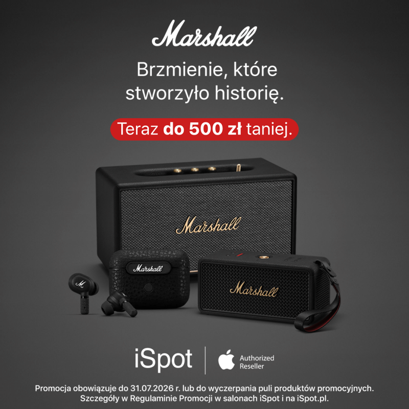 Grafika reklamowa sklepu iSpot informuje o promocji na produkty marki Marshall pod hasłem „Brzmienie, które stworzyło historię. Teraz do 500 zł taniej”. Na ciemnoszarym tle zaprezentowano elegancki czarny głośnik stacjonarny, mniejszy głośnik przenośny oraz bezprzewodowe słuchawki douszne wraz z etui ładującym