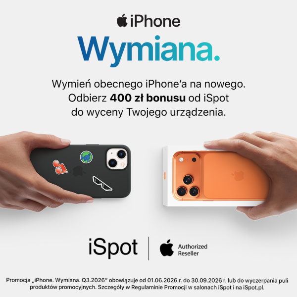 Grafika promocyjna iSpot zachęcająca do wymiany obecnego iPhone'a na nowy. Na jasnym tle widoczne są dwie dłonie – jedna trzyma starszy model iPhone'a w czarnym etui, druga podaje pudełko z nowym pomarańczowym iPhone'em. Centralnie umieszczono informację o bonusie 400 zł do wyceny oddawanego urządzenia. Na dole znajdują się logotypy iSpot i Apple Authorized Reseller oraz informacja o czasie trwania promocji.