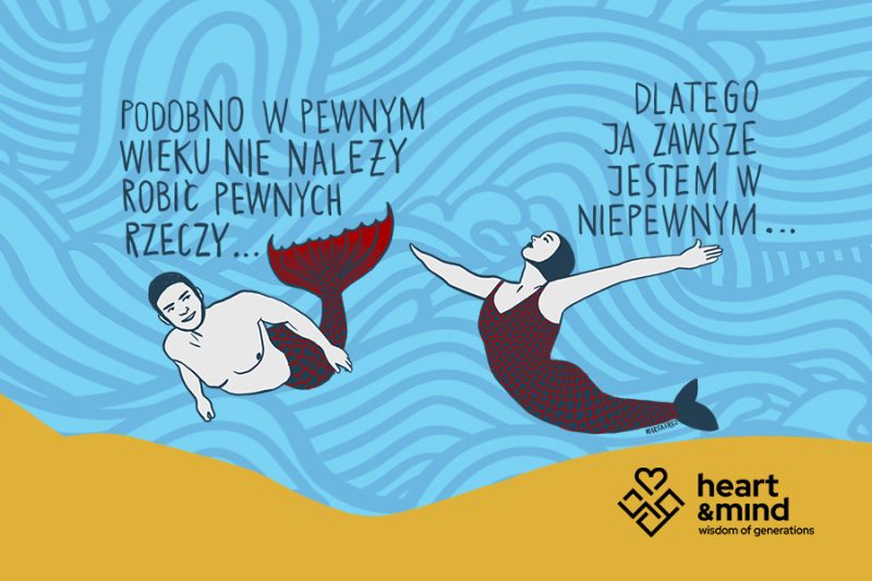Prostokątna grafika promocyjna autorstwa Marty Frej przedstawiająca syreny płynące w wodzie, rysunkowy napis o wiekowych uprzedzeniach oraz logo organizacji Heart & Mind.