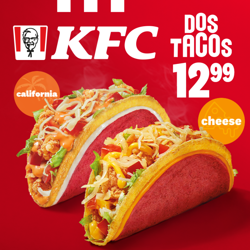 Grafika reklamowa marki KFC przedstawia dwa kolorowe taco z chrupiącym kurczakiem i dodatkami na czerwonym tle z dużym logo sieci. Nad daniami widnieje napis „DOS TACOS 12.99” oraz oznaczenia wersji smakowych „california” i „cheese”.