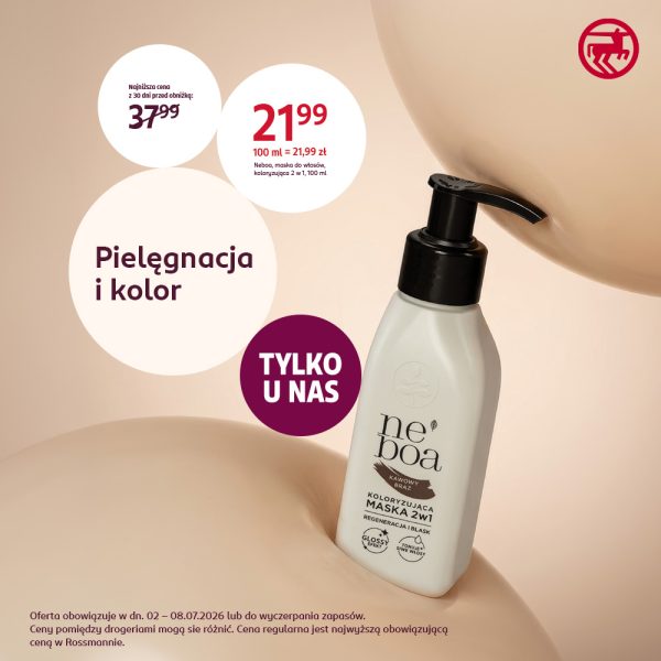 Grafika reklamowa drogerii Rossmann przedstawia maskę koloryzującą do włosów Neboa „Kawowy Brąz” w promocyjnej cenie 21,99 zł z dopiskiem „Tylko u nas”. Na beżowym tle umieszczono hasło „Pielęgnacja i kolor” oraz informację, że oferta obowiązuje w dniach 02–08.07.2026 roku.