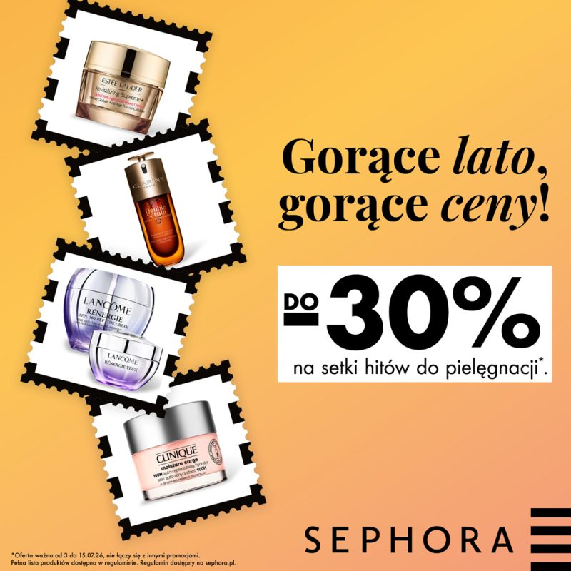 Grafika reklamowa perfumerii Sephora informuje o letniej promocji pod hasłem „Gorące lato, gorące ceny! Do -30% na setki hitów do pielęgnacji”. Na ciepłym, żółto-pomarańczowym tle przedstawiono kosmetyki marek takich jak Estée Lauder, Clarins, Lancôme oraz Clinique, które umieszczono w ramkach przypominających znaczki pocztowe.