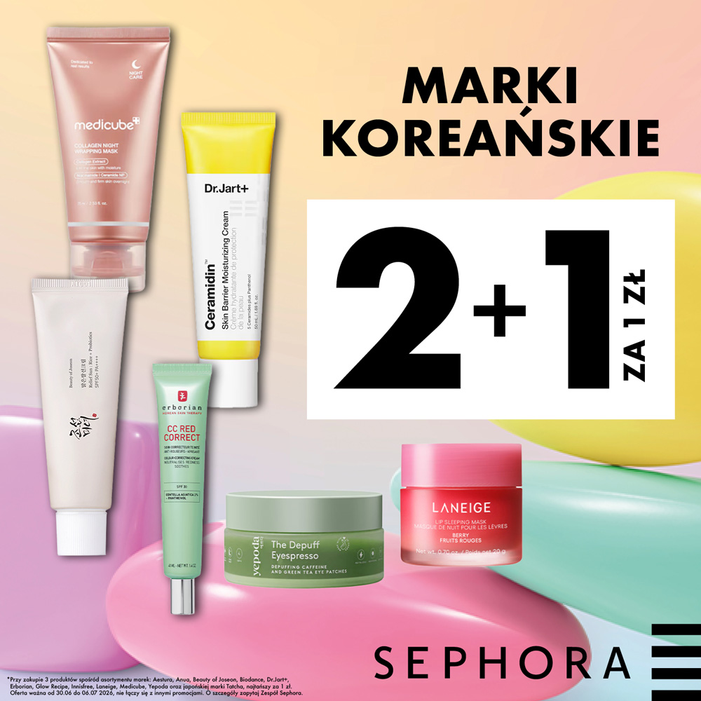 Grafika reklamowa perfumerii Sephora prezentuje ofertę promocyjną „2+1 za 1 zł” na wybrane kosmetyki marek koreańskich oraz japońskiej marki Tatcha. Na jasnym, pastelowym tle przedstawiono produkty popularnych marek, takich jak Medicube, Dr.Jart+, Beauty of Joseon, Erborian, Yepoda oraz Laneige.