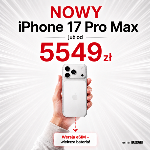 Grafika reklamowa sklepu smartSPOT przedstawia dłoń trzymającą białego smartfona z widocznym logo Apple na tle biało-szarych promieni. U góry znajduje się duży napis „NOWY iPhone 17 Pro Max już od 5549 zł”, a na dole umieszczono informację, że wersja eSIM posiada większą baterię.