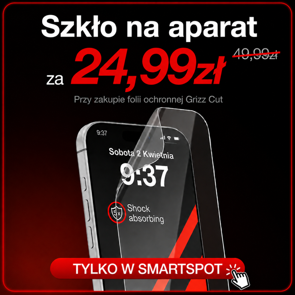Grafika reklamowa przedstawia ofertę promocyjną na szkło ochronne na aparat telefonu w cenie 24,99 zł zamiast 49,99 zł, obowiązującą przy zakupie folii Grizz Cut. W centralnej części widoczny jest smartfon z nakładaną przezroczystą folią, a na dole umieszczono czerwony baner z napisem „TYLKO W SMARTSPOT”.