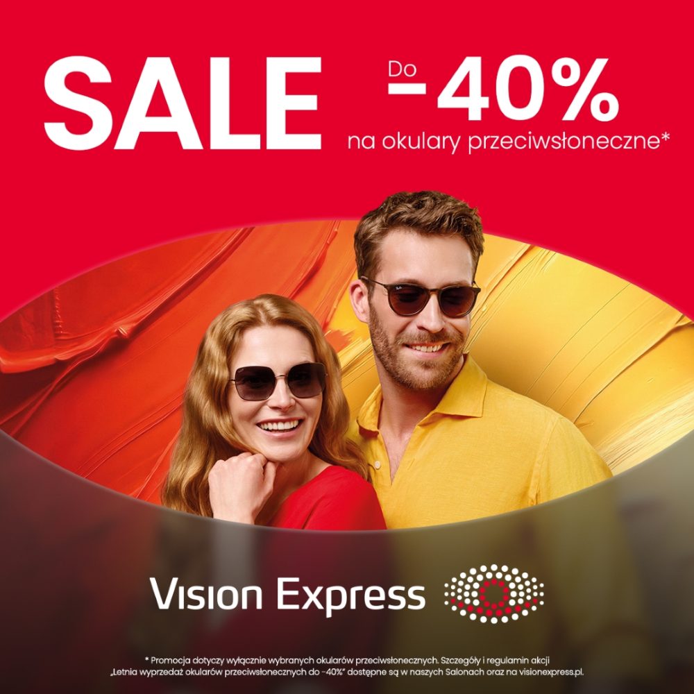 Grafika promocyjna marki Vision Express przedstawia uśmiechniętą kobietę i mężczyznę w okularach przeciwsłonecznych na barwnym tle. W górnej części widnieje duży napis „SALE Do -40% na okulary przeciwsłoneczne*”, a na dole umieszczono logo salonu.