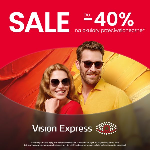 Grafika promocyjna marki Vision Express przedstawia uśmiechniętą kobietę i mężczyznę w okularach przeciwsłonecznych na barwnym tle. W górnej części widnieje duży napis „SALE Do -40% na okulary przeciwsłoneczne*”, a na dole umieszczono logo salonu.