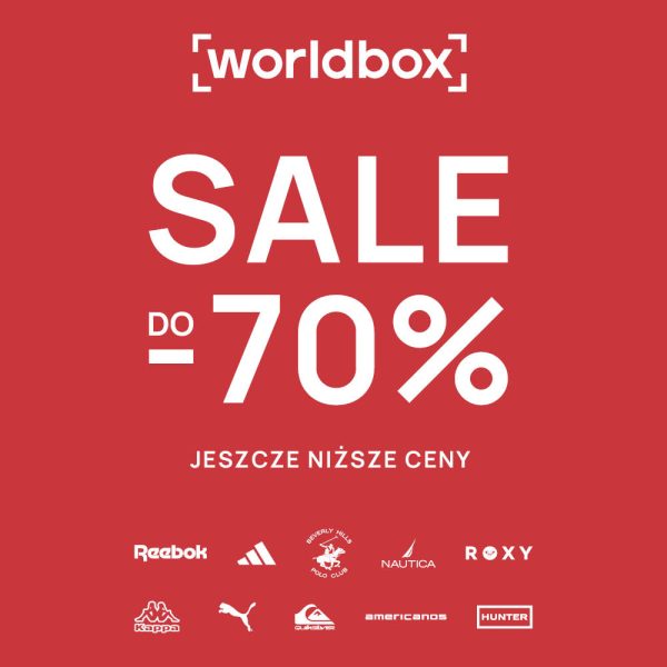 Czerwona grafika promocyjna sklepu Worldbox z informacją o wyprzedaży do -70%. Na dole znajdują się logotypy marek, m.in. Reebok, adidas, Beverly Hills Polo Club, Nautica, Roxy, Kappa, Puma, Quiksilver, Americanos i Hunter.