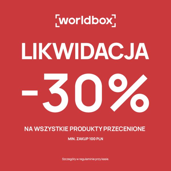Grafika promocyjna marki Worldbox przedstawia czerwone tło z dużym białym napisem „LIKWIDACJA -30%”. Poniżej umieszczono informację „NA WSZYSTKIE PRODUKTY PRZECENIONE” przy minimalnym zakupie za 100 PLN, a na samej górze widnieje logo sklepu.